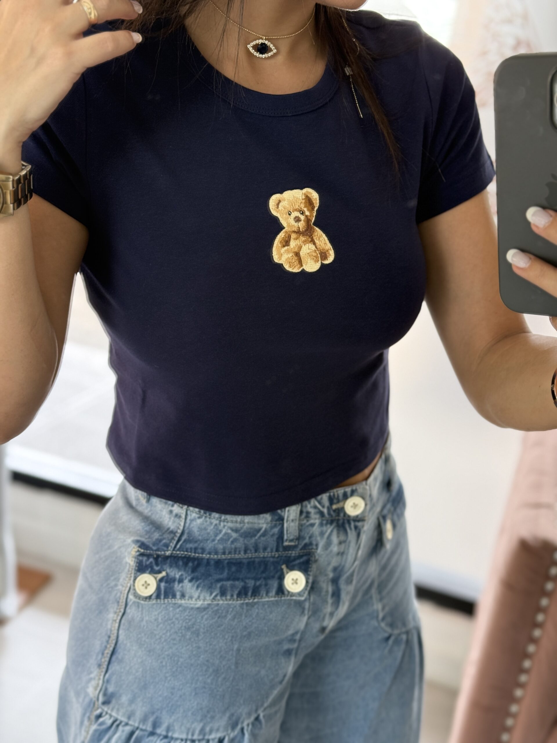 T-shirt tipo crop navy blue oso