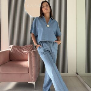 Set denim manga corta con cuello